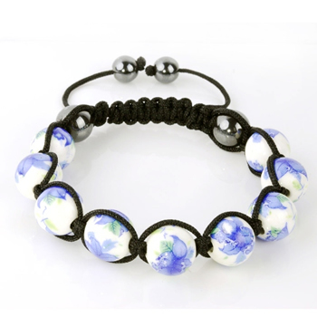 Shamballa Armband Hmatit Glaskugel wei Muster blau