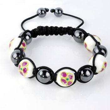 Shamballa Armband Hmatit Glaskugel wei Blume rot