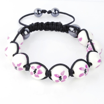 Shamballa Armband Glasperlen Hmatit wei Blumenmuster rosa